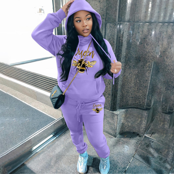 Fashion plush printed sweater hoodie casual sports women's two-piece suit