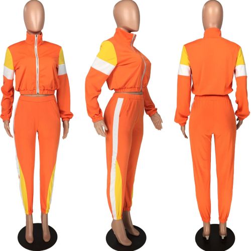 Women's patchwork sports contrast casual suit two-piece set