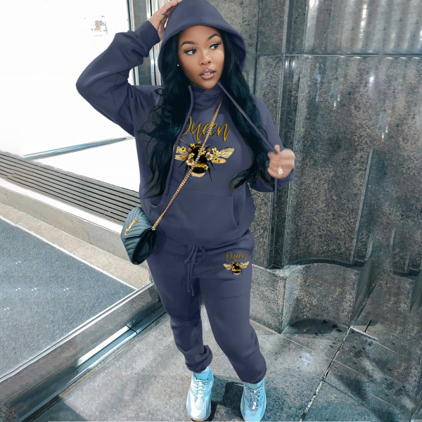 Fashion plush printed sweater hoodie casual sports women's two-piece suit