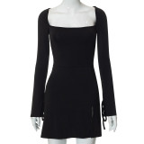 Square Neck Long Sleeve Slim Wrapped Hip Split French Dress