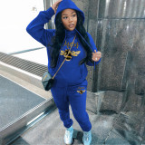 Fashion plush printed sweater hoodie casual sports women's two-piece suit