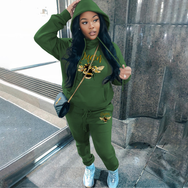 Fashion plush printed sweater hoodie casual sports women's two-piece suit