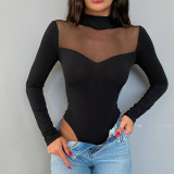 Clean color mesh splicing long sleeve versatile bottomed slim top