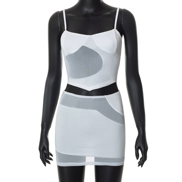 Sling Sleeveless Mesh Splice Tank Top Hip Wrap Half Skirt Set