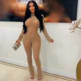 Women's hot drill perspective fashionable sexy nightclub slim fitting jumpsuit