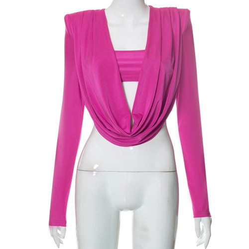 Long sleeve design shoulder pad wrap chest swing collar short top