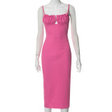 Clean color suspender chest wrapped sleeveless slim temperament backless dress