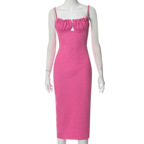 Clean color suspender chest wrapped sleeveless slim temperament backless dress