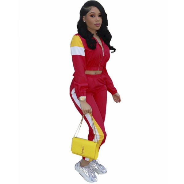 Women's patchwork sports contrast casual suit two-piece set