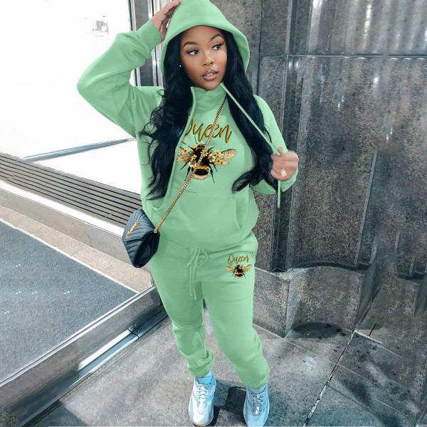 Fashion plush printed sweater hoodie casual sports women's two-piece suit