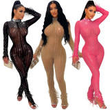 Women's hot drill perspective fashionable sexy nightclub slim fitting jumpsuit