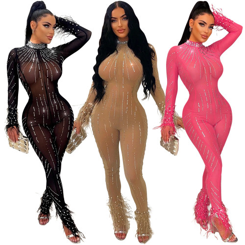Women's hot drill perspective fashionable sexy nightclub slim fitting jumpsuit