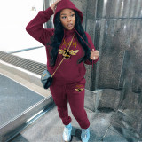 Fashion plush printed sweater hoodie casual sports women's two-piece suit