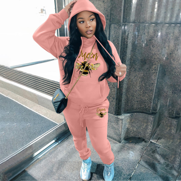 Fashion plush printed sweater hoodie casual sports women's two-piece suit
