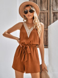 Women's casual lace V-neck sleeveless belt jumpsuit