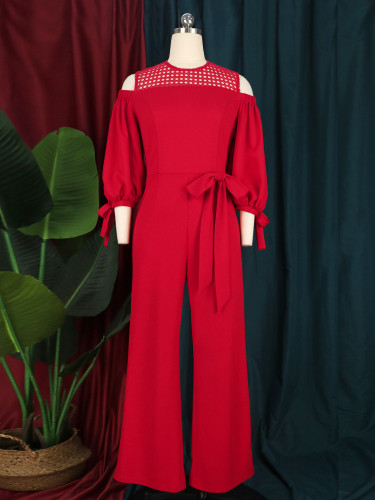 Sexy Hollow Round Neck Tie Off Shoulder Lantern Sleeve Party Pants Women's Jumpsuit