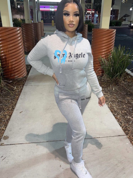 Alphabet printed plush hoodie suit two piece set