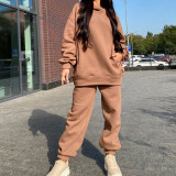 Fashion solid hooded sweater casual two-piece set