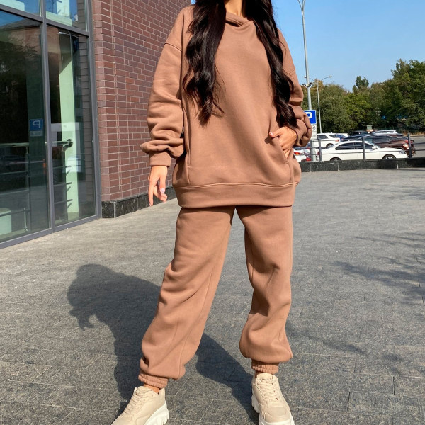 Fashion solid hooded sweater casual two-piece set