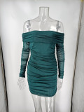 Long Sleeve Off Shoulder Dress Celebrity Party Sexy Solid Ruffle Wrapped Hip Skirt