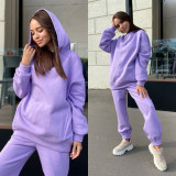 Fashion solid hooded sweater casual two-piece set