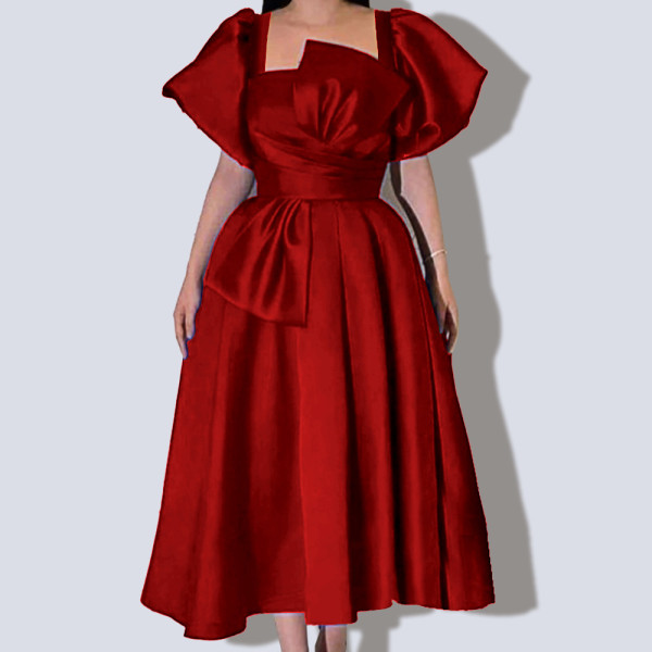 Square Neck Lantern Sleeve Dress Casual Style High Waist Slim Bowknot One Step Dress