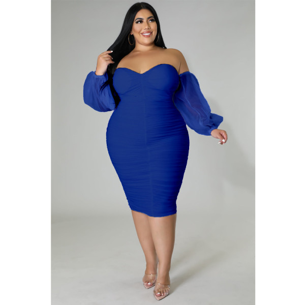 Oversize Women's Dress Tight Mesh Pleated Long Sleeve