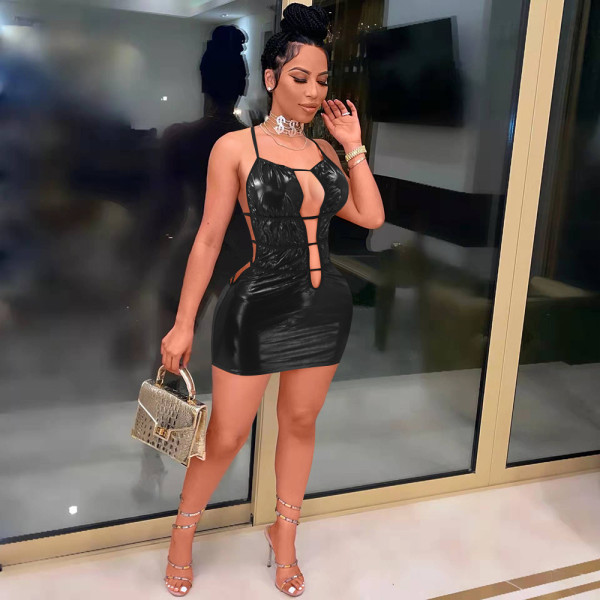 PU imitation leather elastic coating solid color nightclub backless strap super short dress [including G-string pants]