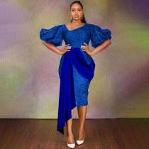 Asymmetrical Fashion Bubble Sleeve Dress Diagonal Collar Piece Splice Layering Dress