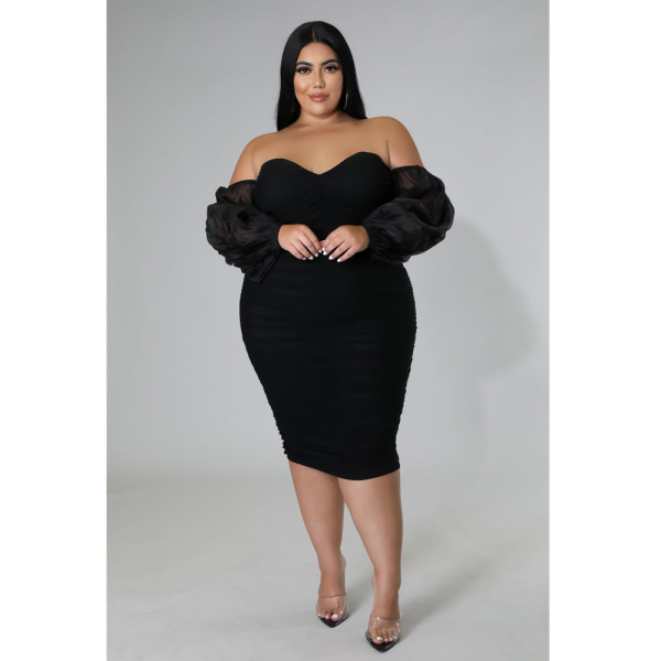 Oversize Women's Dress Tight Mesh Pleated Long Sleeve