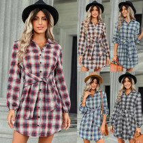 Lace up waist shirt skirt Women's plaid dress