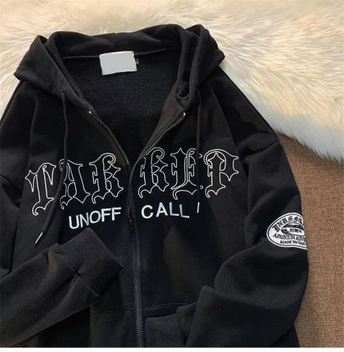 Ancient letter embroidery hoodie coat women's street loose casual sweater cardigan