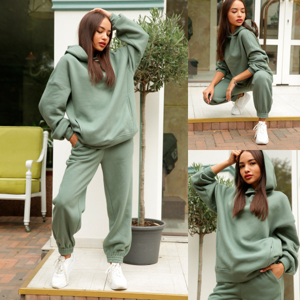 Fashion solid hooded sweater casual two-piece set