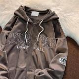 Ancient letter embroidery hoodie coat women's street loose casual sweater cardigan