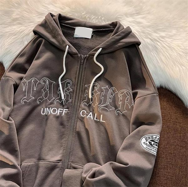 Ancient letter embroidery hoodie coat women's street loose casual sweater cardigan