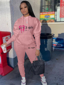 Alphabet printed plush hoodie suit two piece set