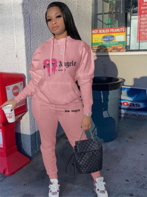 Alphabet printed plush hoodie suit two piece set