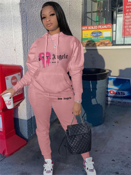 Alphabet printed plush hoodie suit two piece set