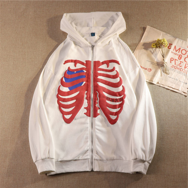 Hooded cardigan sweater women's loose skull printed zipper long sleeve coat
