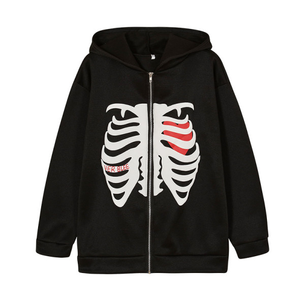Hooded cardigan sweater women's loose skull printed zipper long sleeve coat