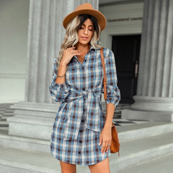 Lace up waist shirt skirt Women's plaid dress