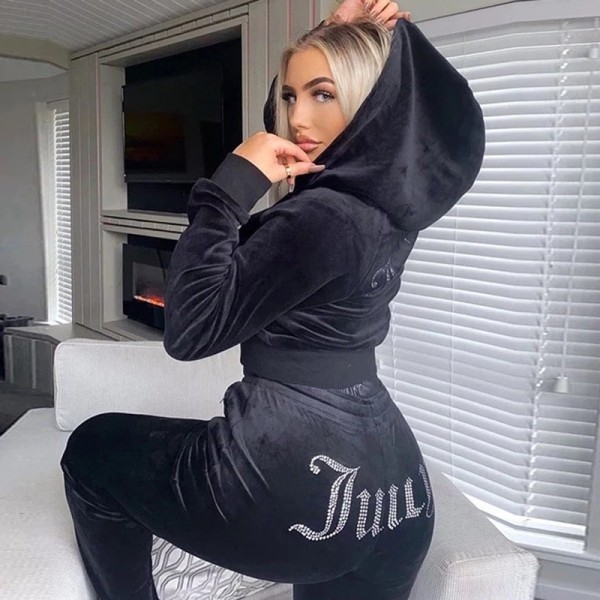 Fashion hot drill Korean velvet sports casual suit two-piece set