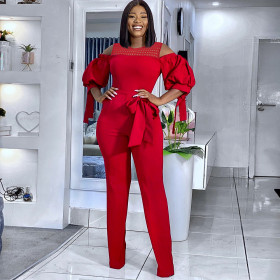 Sexy Hollow Round Neck Tie Off Shoulder Lantern Sleeve Party Pants Women's Jumpsuit