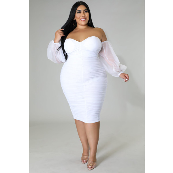 Oversize Women's Dress Tight Mesh Pleated Long Sleeve