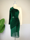 Women's slanted collar one shoulder tassel temperament dress Autumn lady style banquet dress