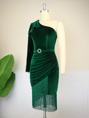 Women's slanted collar one shoulder tassel temperament dress Autumn lady style banquet dress