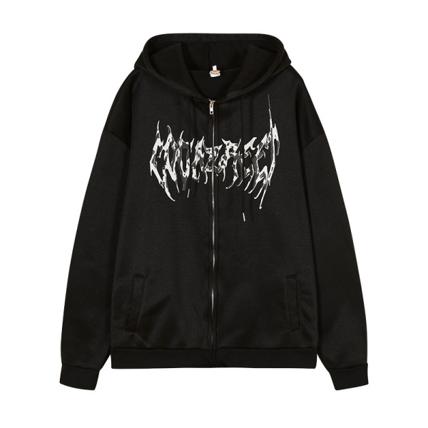 Hooded Zipper Letter Butterfly Printed Fleece Cardigan Sweatshirt