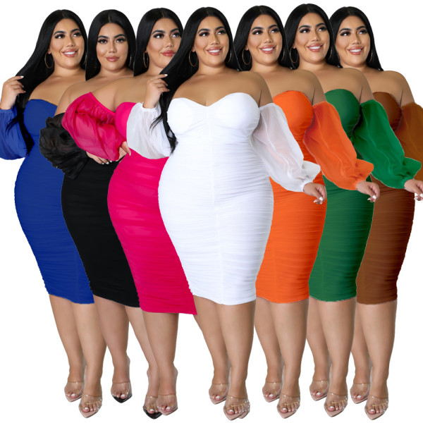 Oversize Women's Dress Tight Mesh Pleated Long Sleeve