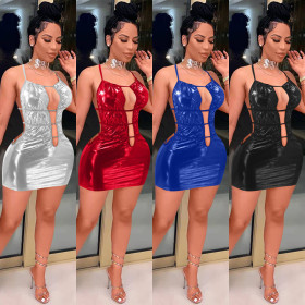 PU imitation leather elastic coating solid color nightclub backless strap super short dress [including G-string pants]