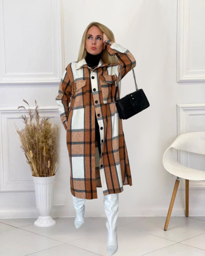 Woolen plaid shirt loose women's medium long coat